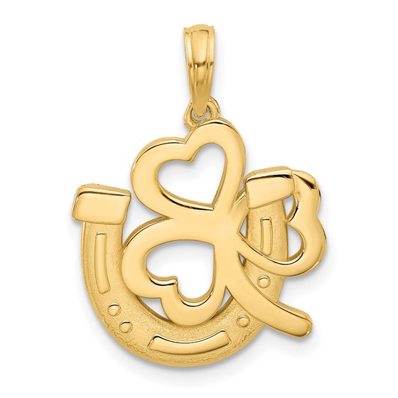 14K Yellow Gold and Satin Horseshoe and Clover Charm - 25.6 mm 14K Yellow Gold and Satin Horseshoe and Clover Charm - 25.6 mm