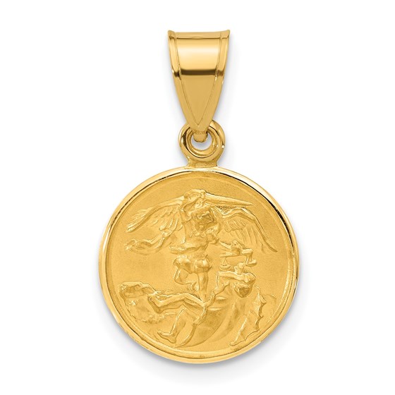 14K Yellow Gold and Satin Solid St. Michael Medal - 21.3 mm