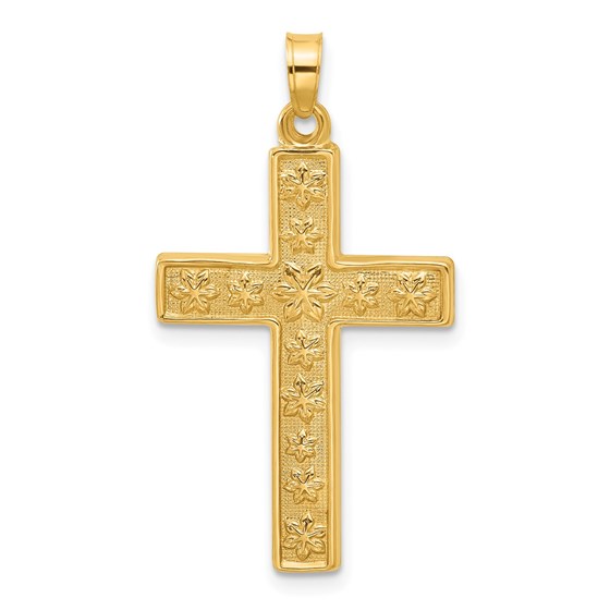 14K Yellow Gold and Textured Floral Cross Pendant - 35.9 mm
