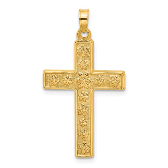 14K Yellow Gold and Textured Floral Cross Pendant - 35.9 mm 14K Yellow Gold and Textured Floral Cross Pendant - 35.9 mm
