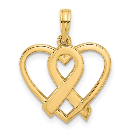 14K Yellow Gold Awareness Ribbon and Heart Charm - 23 mm 14K Yellow Gold Awareness Ribbon and Heart Charm - 23 mm