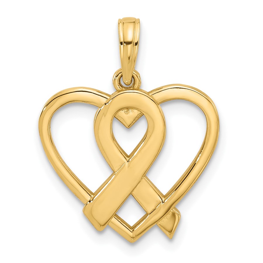 14K Yellow Gold Awareness Ribbon and Heart Charm - 23 mm