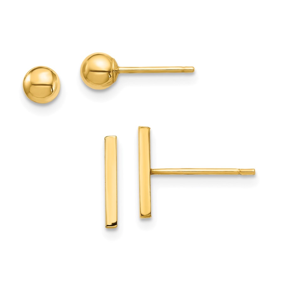 14k Yellow Gold Bar and Ball Post Earrings Set