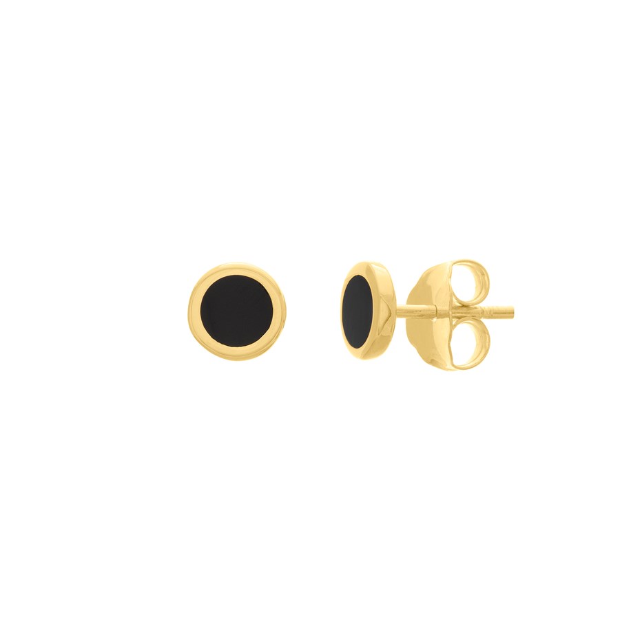 14K Yellow Gold Blk Enamel Disk Stud Earrings