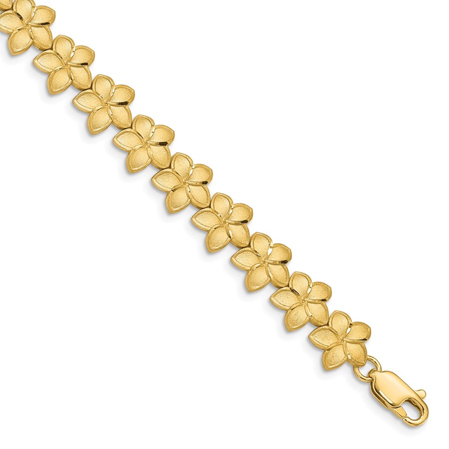 14k Yellow Gold Brushed & D/C Plumeria Bracelet - 7.25 in.