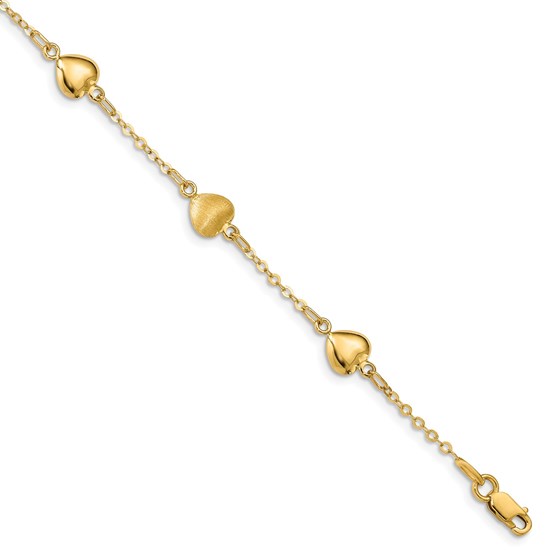 14k Yellow Gold Brushed & Polished Hearts Bracelet - 7 in. 14k Yellow Gold Brushed & Polished Hearts Bracelet - 7 in.