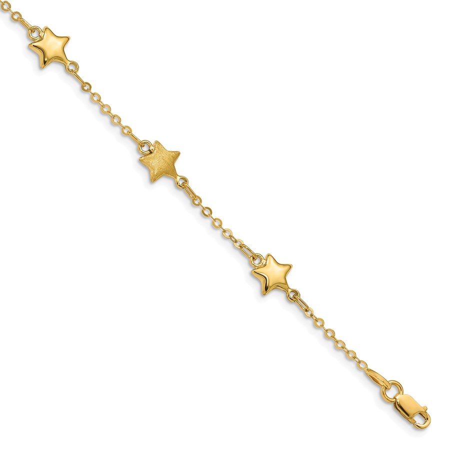 14k Yellow Gold Brushed & Polished Stars Bracelet - 7 in.