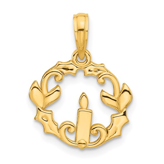 14K Yellow Gold Candle with Holly Circle Pendant - 20 mm 14K Yellow Gold Candle with Holly Circle Pendant - 20 mm