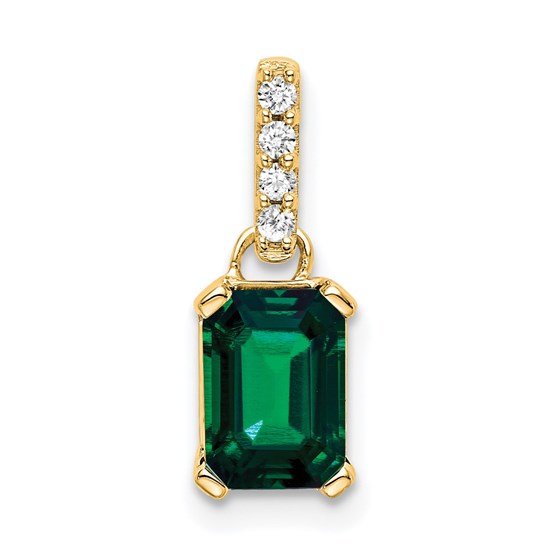 14K Yellow Gold Created Emerald and Diamond Pendant - 15.9 mm