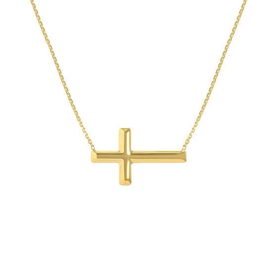 14K Yellow Gold Cross .8mm Diamond Cut Cable Chain - 16"-18"