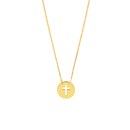 14K Yellow Gold Cross Mini Disc Pendant Rope Necklace - 16"-18"
