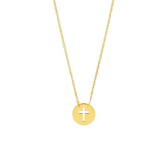 14K Yellow Gold Cross Mini Disc Pendant Rope Necklace - 16"-18" 14K Yellow Gold Cross Mini Disc Pendant Rope Necklace - 16"-18"