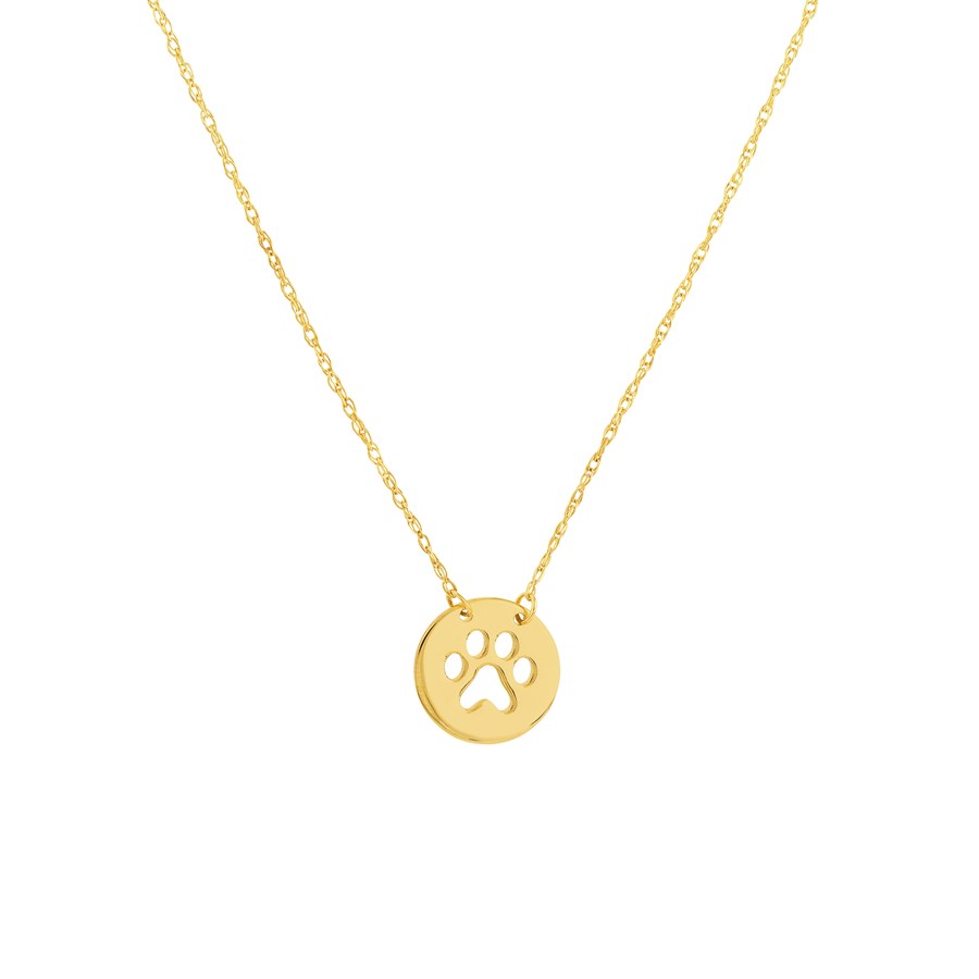 14K Yellow Gold Cutout Paw Mini Disc Rope Necklace - 16"-18"