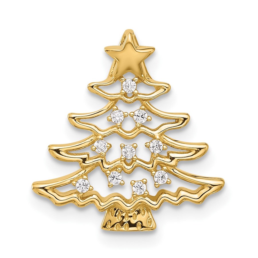 14K Yellow Gold CZ Christmas Tree Chain Slide Pendant - 17.6 mm