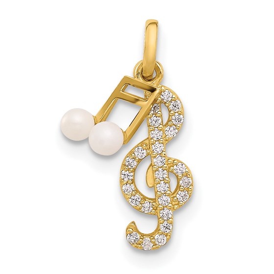 14K Yellow Gold CZ Cultured Pearl Music Notes Pendant - 16.9 mm 14K Yellow Gold CZ Cultured Pearl Music Notes Pendant - 16.9 mm