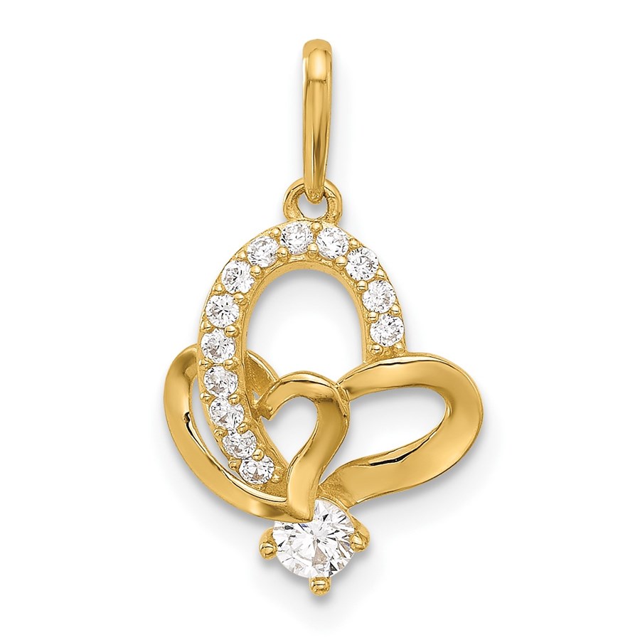14K Yellow Gold CZ Double Heart Pendant - 19.6 mm