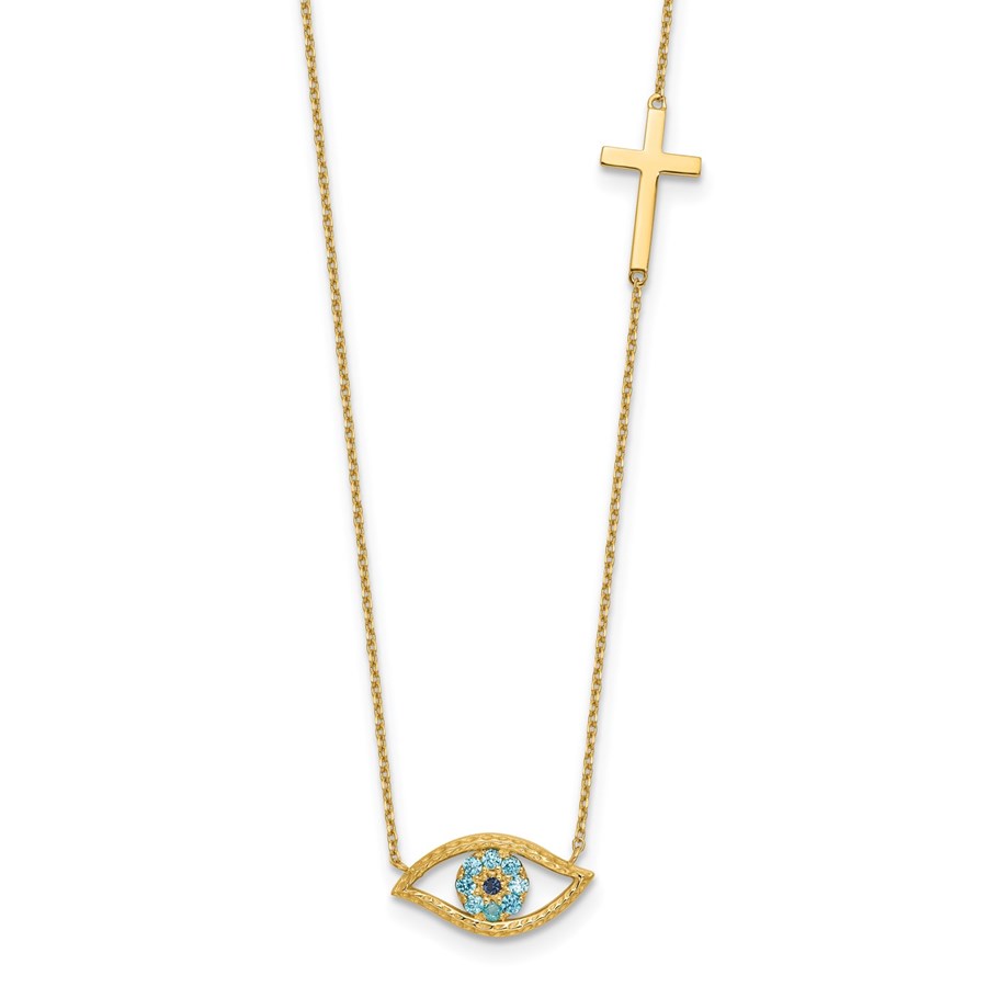 14K Yellow Gold CZ Evil Eye and Cross 18in Necklace - 18 in.
