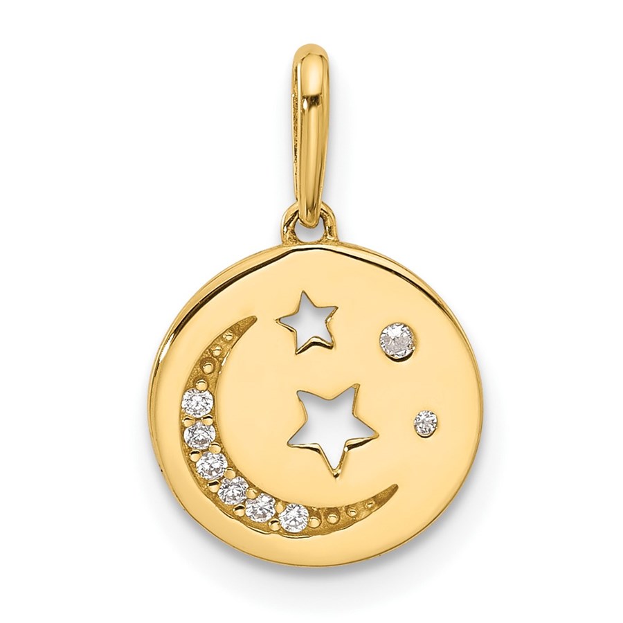 14K Yellow Gold CZ Moon and Stars in Disc Pendant - 16.6 mm