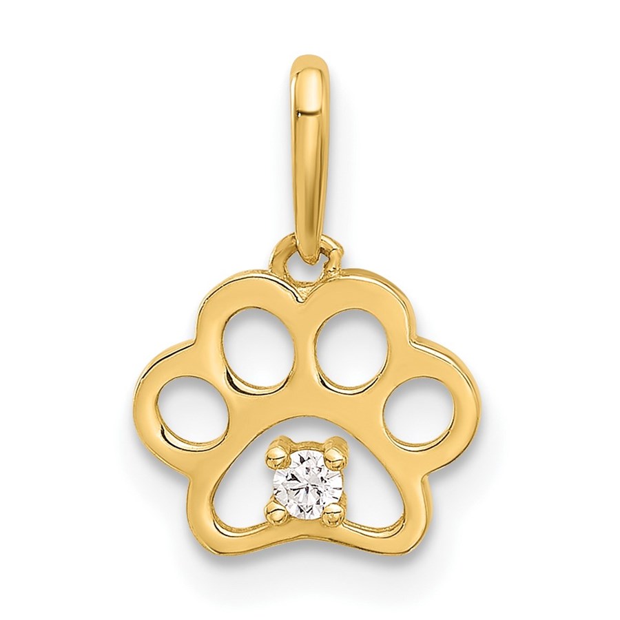 14K Yellow Gold CZ Paw Print Pendant - 14.73 mm