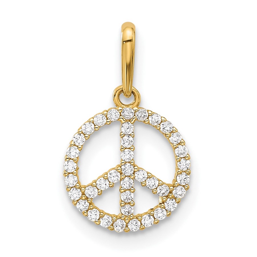 14K Yellow Gold CZ Peace Sign Pendant - 16.5 mm