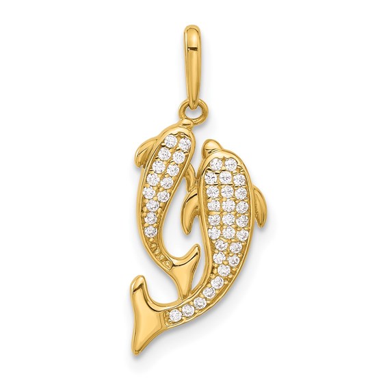 14K Yellow Gold CZ Two Dolphins Pendant - 24 mm