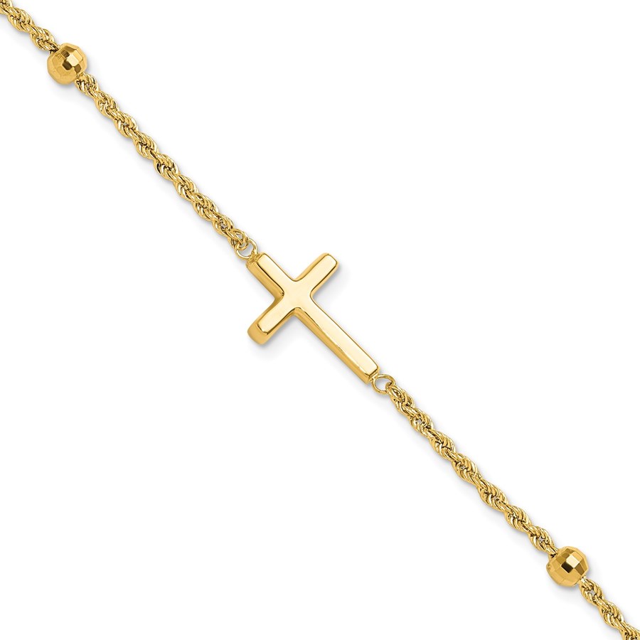 14K Yellow Gold D/C Beaded Cross 7.5in Bracelet - 7.5 in.