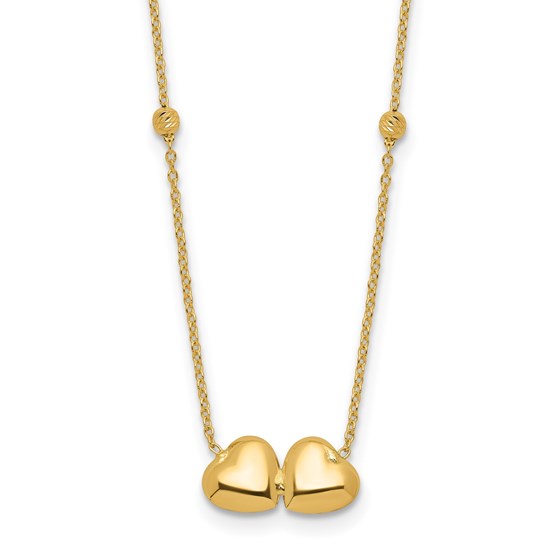 14K Yellow Gold D/C Beaded Double Heart Necklace - 16 in. 14K Yellow Gold D/C Beaded Double Heart Necklace - 16 in.