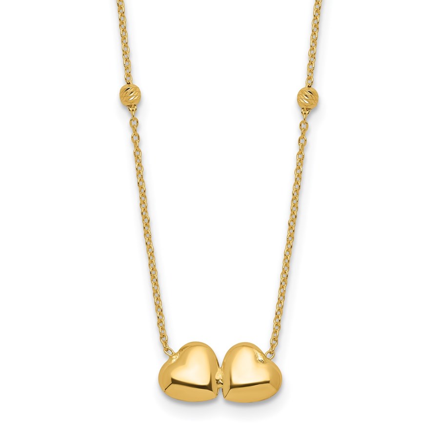 14K Yellow Gold D/C Beaded Double Heart Necklace - 16 in.