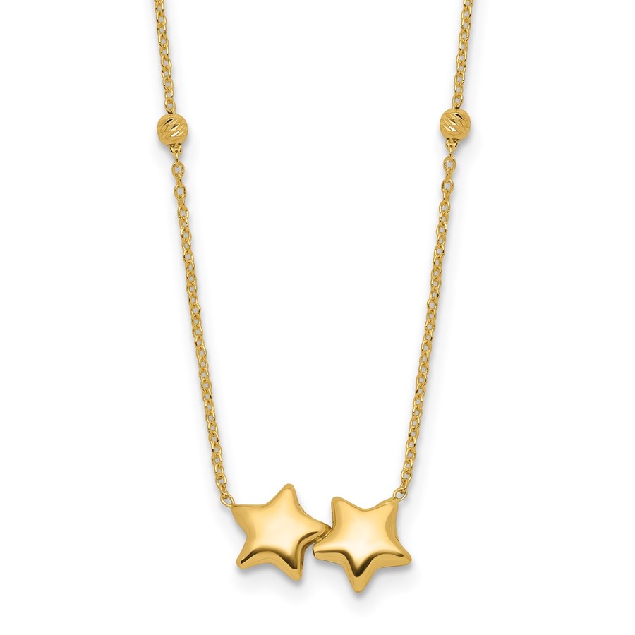 14K Yellow Gold D/C Beaded Double Star Necklace - 16 in.