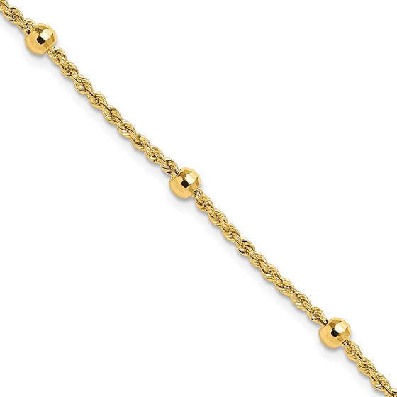 14K Yellow Gold D/C Beaded Rope Chain Bracelet - 7 in.