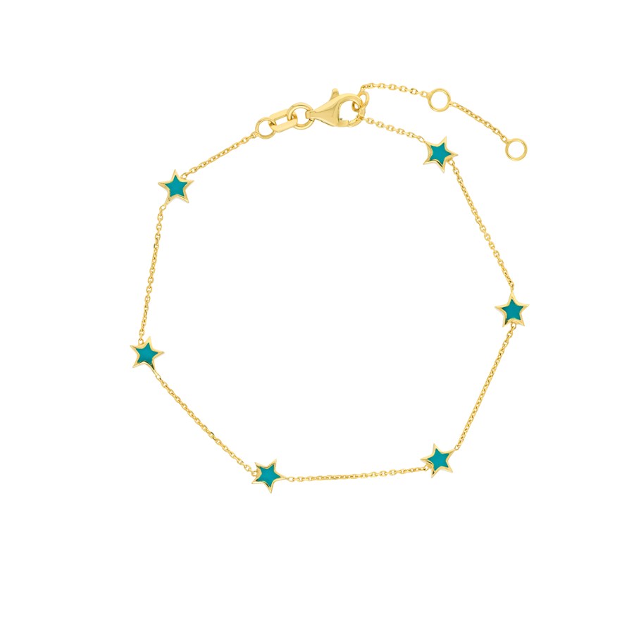 14K Yellow Gold DC Cable Six Turquoise Enamel Star - 7.25 in.