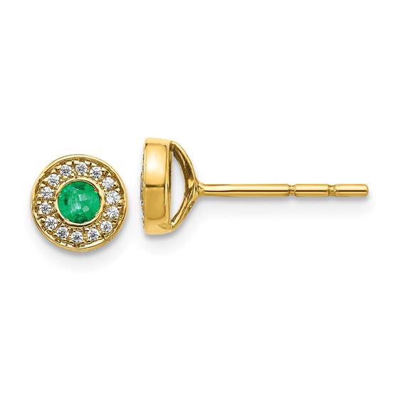 14k Yellow Gold Diamond and Emerald Post Earrings - 6 mm