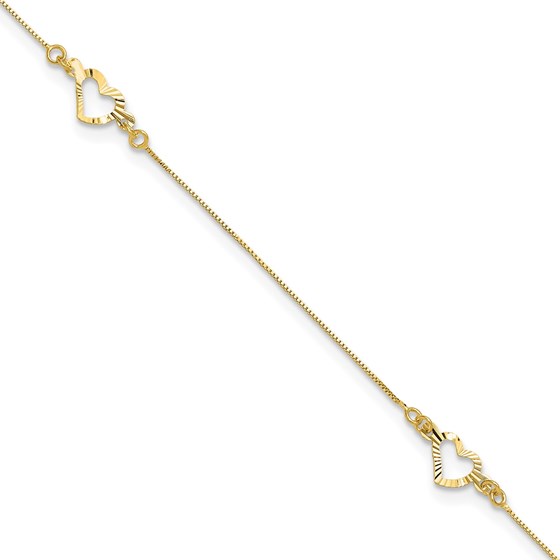 14K Yellow Gold Diamond-cut Heart 10in Plus Anklet - 11 in. 14K Yellow Gold Diamond-cut Heart 10in Plus Anklet - 11 in.
