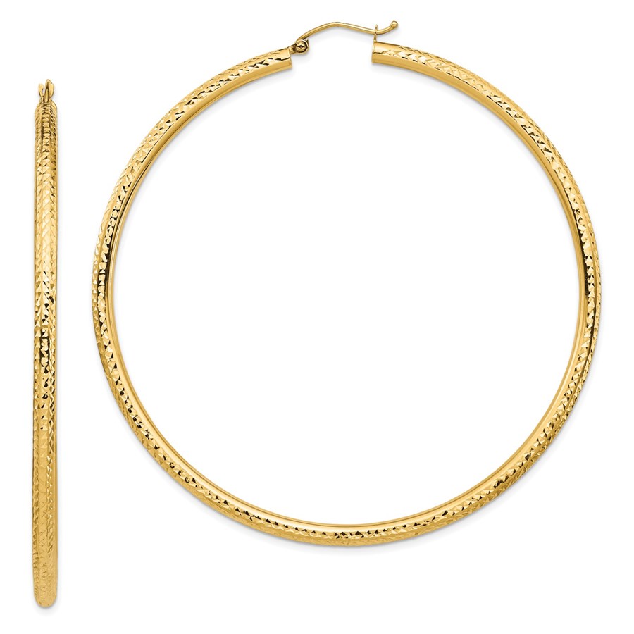 14k Yellow Gold Diamond-cut Hoop Earrings 3x70 mm