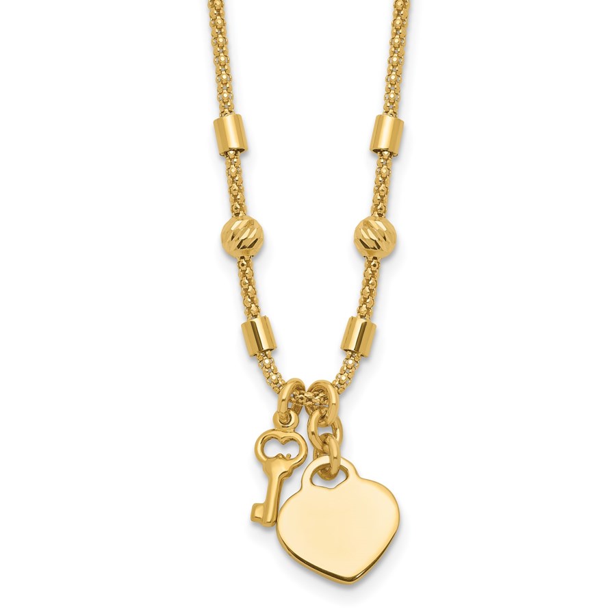 14K Yellow Gold Diamond-cut Lock Heart Charm Necklace - 17 mm