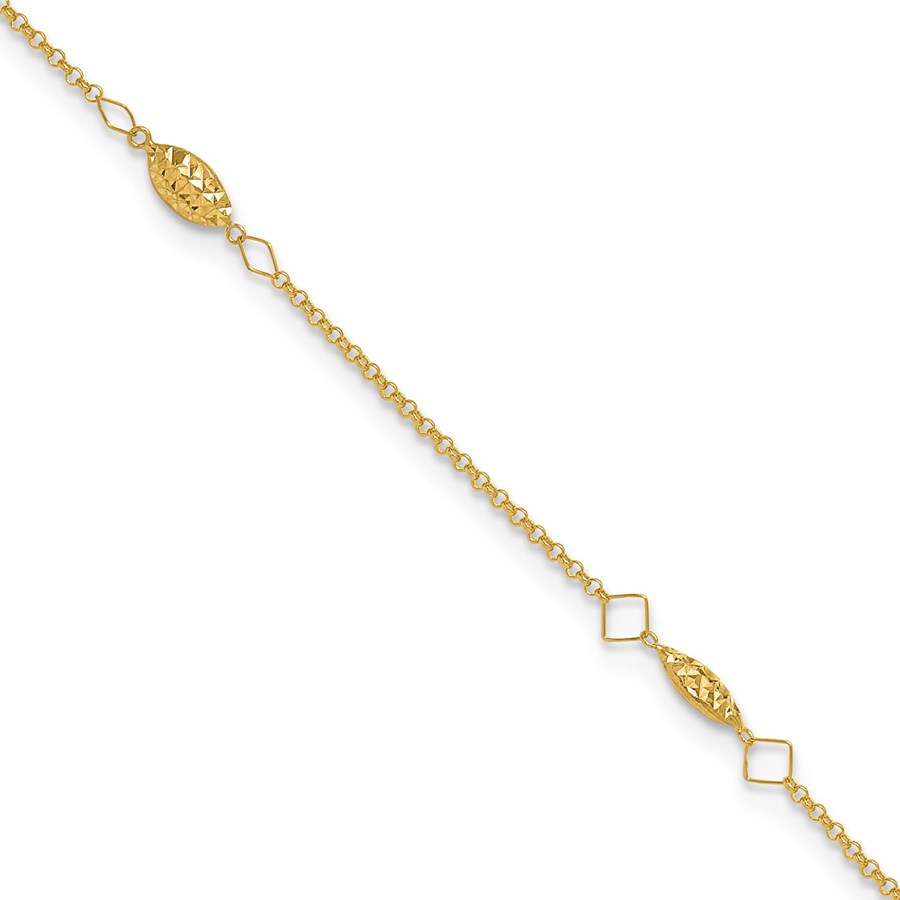 14K Yellow Gold Diamond Cut Rice Puff Beads Anklet - 11 in.