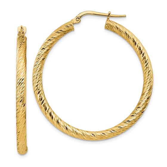 14k Yellow Gold Diamond-cut Round Hoop Earrings - 30 mm