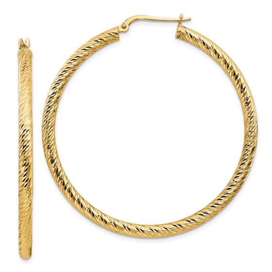 14k Yellow Gold Diamond-cut Round Hoop Earrings - 3x40 mm 14k Yellow Gold Diamond-cut Round Hoop Earrings - 3x40 mm