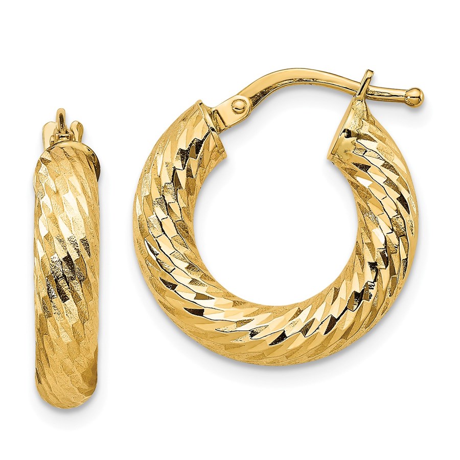 14k Yellow Gold Diamond-cut Round Hoop Earrings