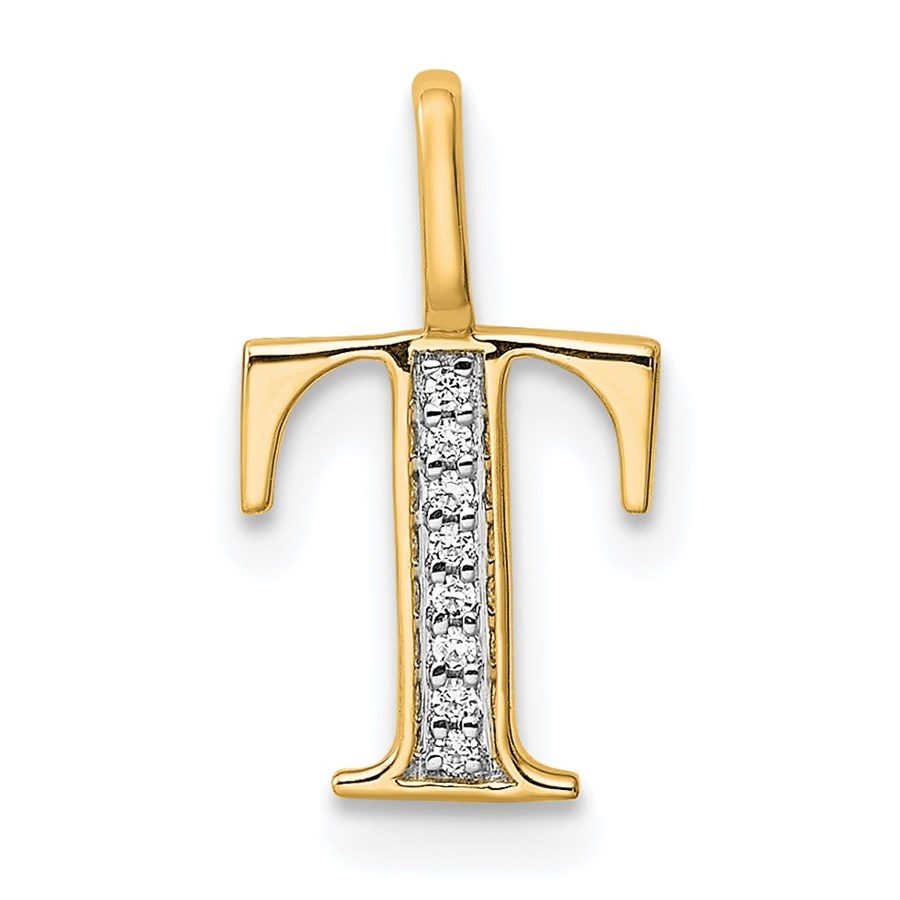 14K Yellow Gold Diamond Letter T Initial Pendant - 15.26 mm