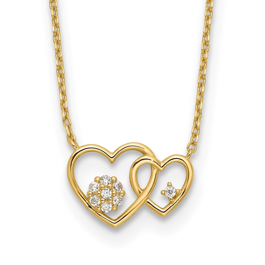 14K Yellow Gold Double Heart CZ Necklace - 18 in.