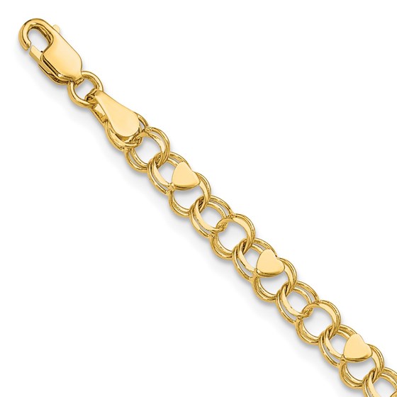 14K Yellow Gold Double Link Heart Charm Bracelet - 6 mm 14K Yellow Gold Double Link Heart Charm Bracelet - 6 mm