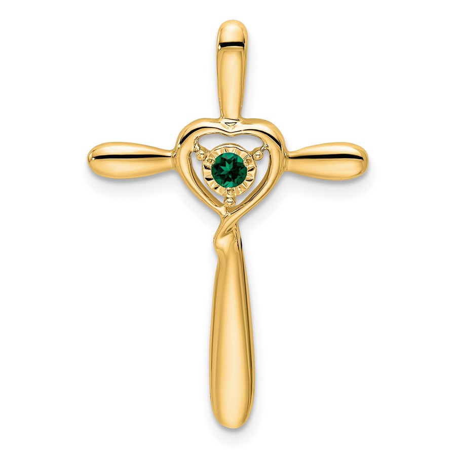 14K Yellow Gold Emerald Cross w/Heart Chain Slide - 26.8 mm