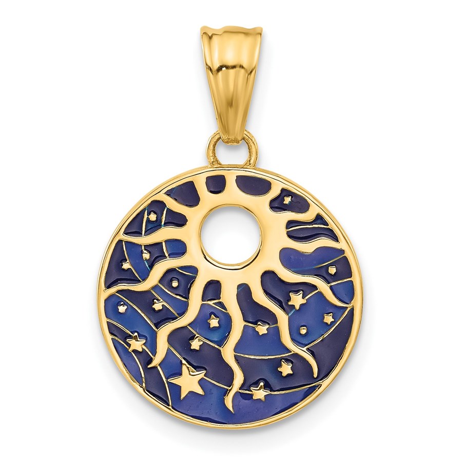 14K Yellow Gold Enameled Sun and Stars Pendant - 24.7 mm
