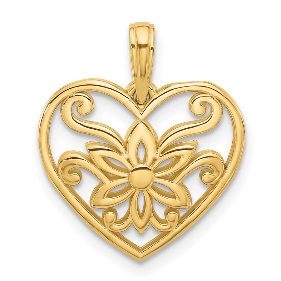 14K Yellow Gold Fancy Flower and Heart Charm - 20.5 mm