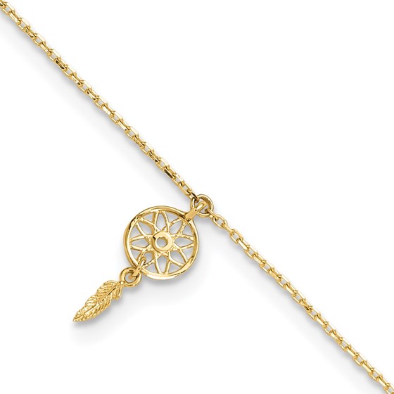 14K Yellow Gold Feather Dangle 9in Plus Anklet - 10 in. 14K Yellow Gold Feather Dangle 9in Plus Anklet - 10 in.