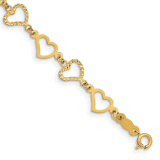 14K Yellow Gold Flat Diamond Cut Open Hearts Bracelet - 6 in.