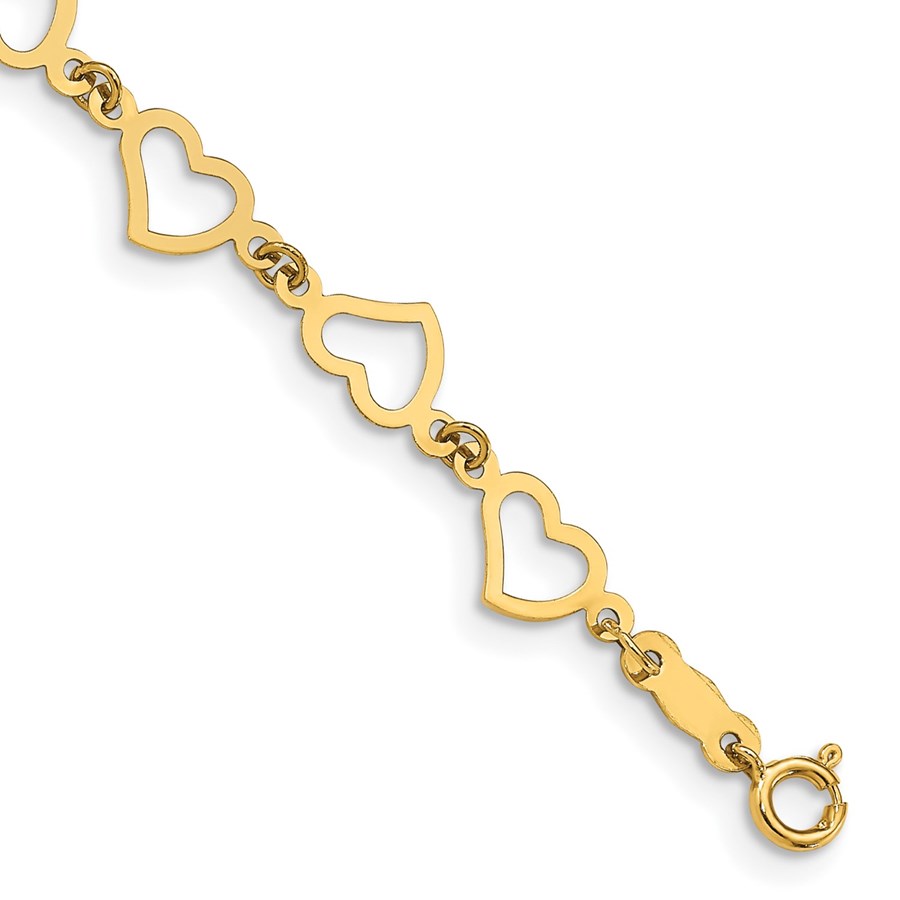 14K Yellow Gold Flat Open Hearts Bracelet - 6 in.