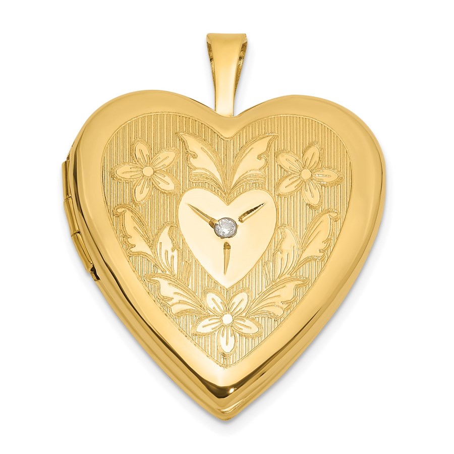 14K Yellow Gold Floral Diamond Heart Locket - 25.25 mm