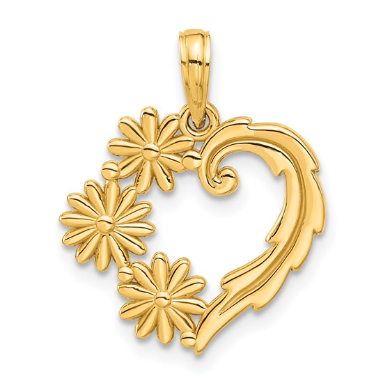 14K Yellow Gold Floral Heart Pendant - 22.4 mm